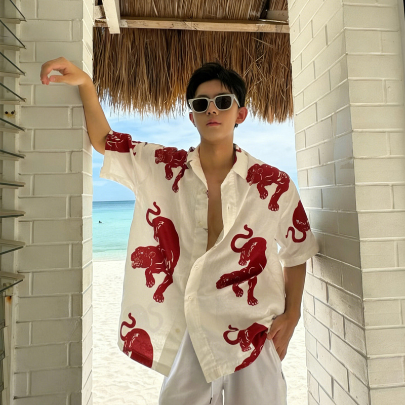 Hawaiian Retro Simple Black Leopard Print Short-Sleeve Shirt for Men, Summer Trendy Casual Loose Beach Shirt