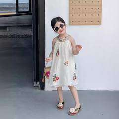 Cool Girl Dress 2024 Summer Dress Heavy Embroidery Flower V-Neck Sleeveless Princess Dress