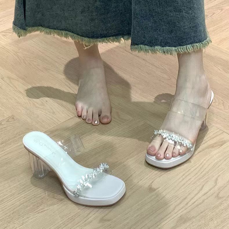 High-Heeled Sandals for Women, Summer 2025 New Style, Transparent Rhinestone Thick-Soled Fairy Style Sexy Crystal Chunky Heel Sandals