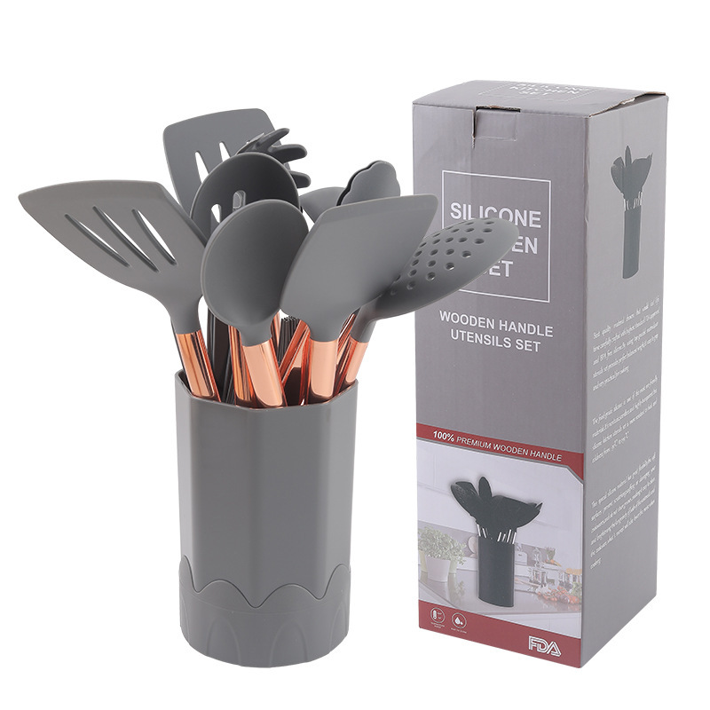 Utensilios de cocina con mango de acero inoxidable de oro rosa personalizado catorce juegos de pala, espátula, sartén antiadherente, herramientas de cocina para hornear y barbacoa