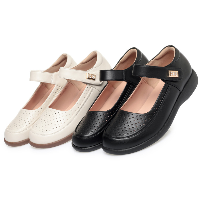 Dép sandal nữ mũi nhọn đế mềm da thật, giày lỗ rỗng mùa hè chống trượt — màu be