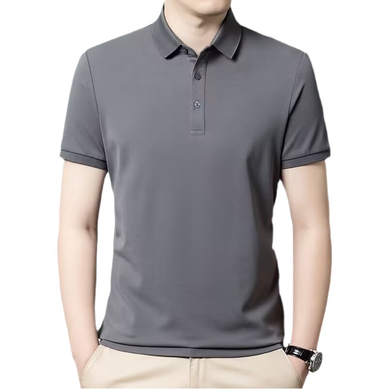 Camisa de polo de comercio exterior de seda de morera Camiseta de manga corta para hombre verano negocios de mediana edad más tamaño solapa color sólido ropa de hombre suelta
