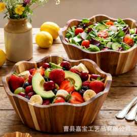 跨境木质沙拉碗花边款水果蔬菜拌饭碗实木多规格水果沙拉碗面团碗
