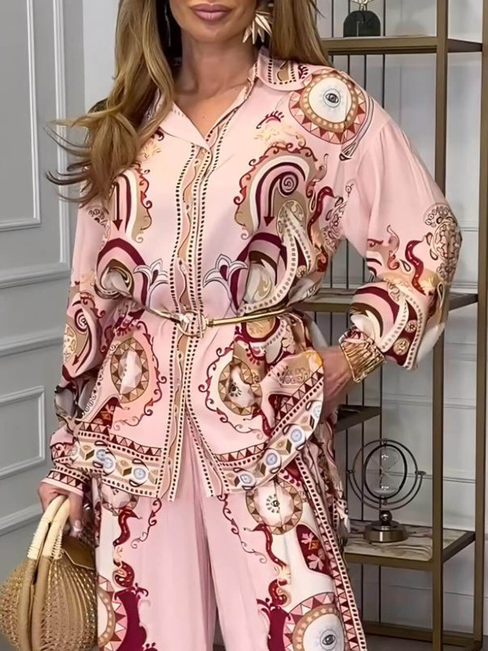 Turndown Neckline Regular Fit Fit Type Holiday Daily Selfie Women's Casual Elegant Streetwear Printing Polyester Pant Co-ord Set Pants Sets
