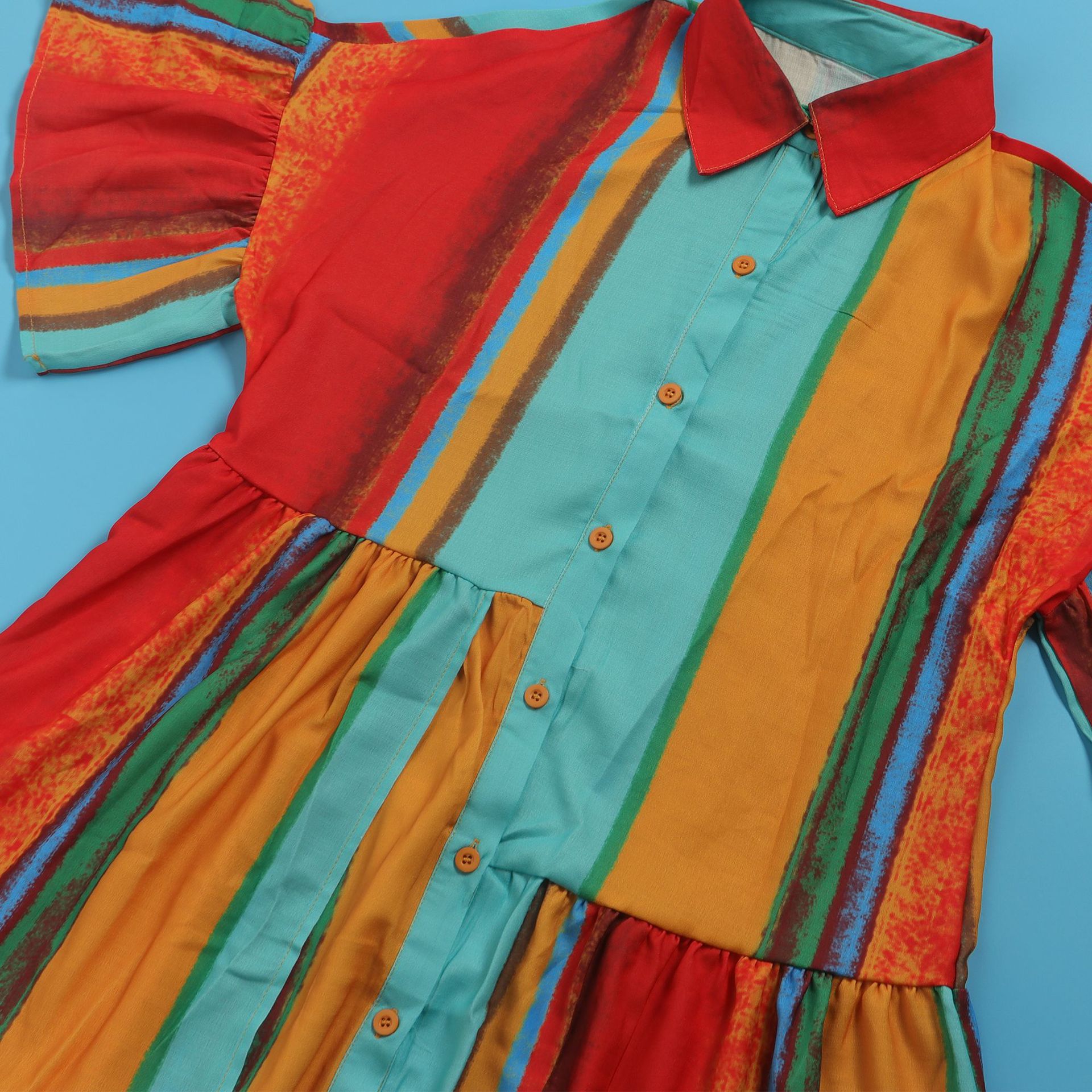 Slim Fit Printed Color Contrast Patchwork Short Dress Colorful Coat Short Sleeve Shirt Dress