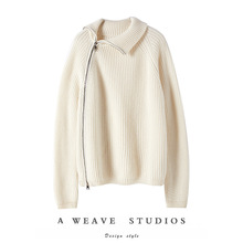 男女同款粗针重磅加厚斜拉链立领纯山羊绒衫女ZJ22137