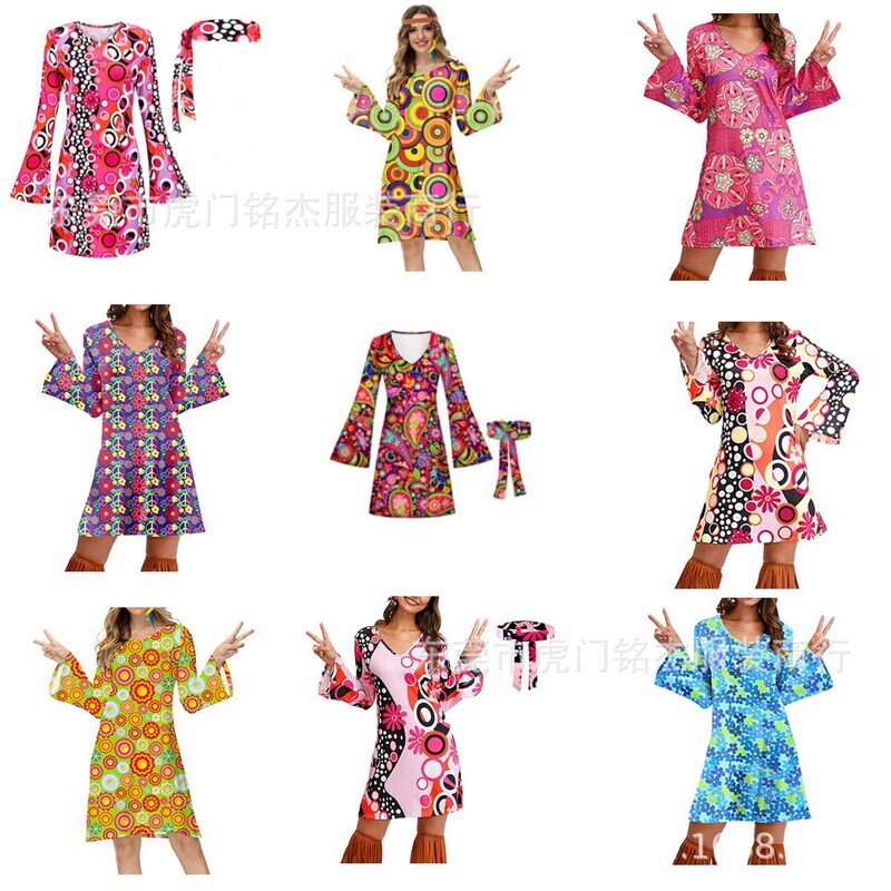 Cross-border New Amazon Halloween European and American Women's Retro 70 s Hippie Costume Printed Women's Dress