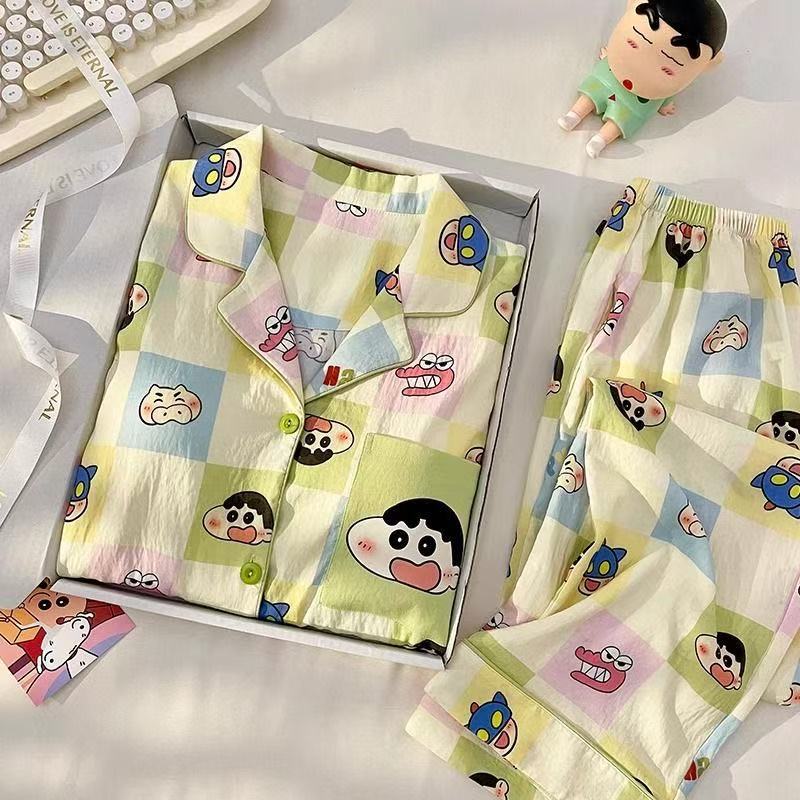 Al por mayor transfronterizo cien pijamas de verano mujeres 2025 nuevas nubes de algodón pantalones de manga larga dibujos animados lindos ropa para el hogar