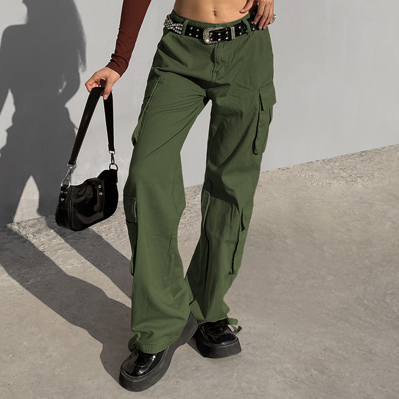 straight high waist loose wide leg retro denim cargo pants NSGXF135711