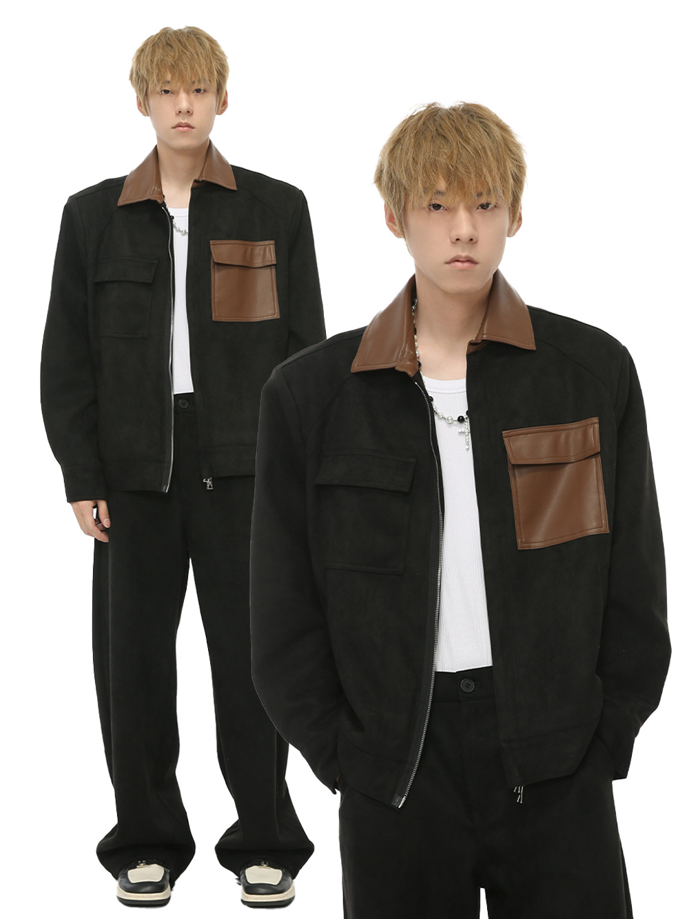 MTLCLOTHES Hombres| 2024 otoño nuevo producto coreano retro empalme bolsillo decoración de color contraste conjunto de moda