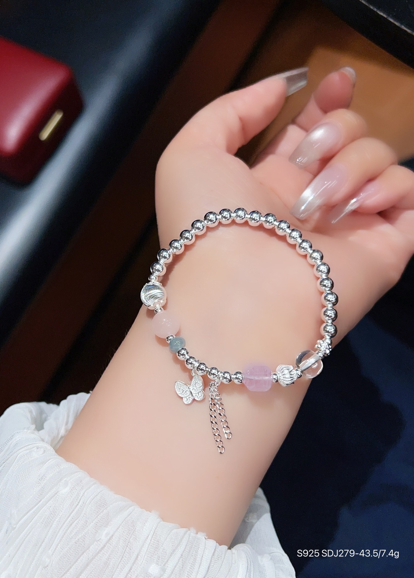 S925 pulsera de mariposa de amatista de plata esterlina joyería de plata femenina con cuentas diseño de nicho pulsera de cristal rosa regalo para novia