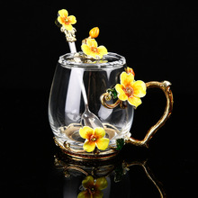珐琅彩水杯家用玻璃创意咖啡杯带盖女清新简约花茶杯子可爱办公室