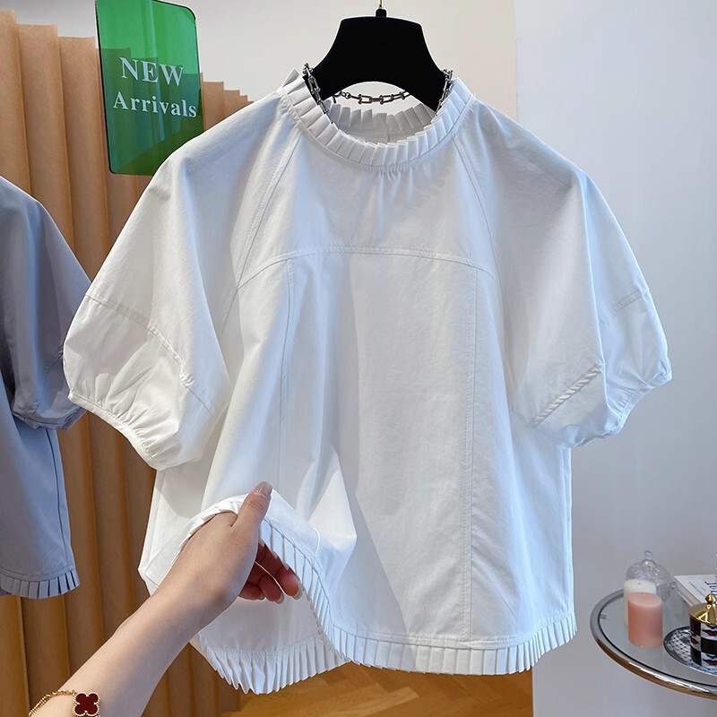 European Style 2026 New Pleated Design Niche White Shirt for Women, Short-Sleeved Loose Pullover Stylish Blouse Top
