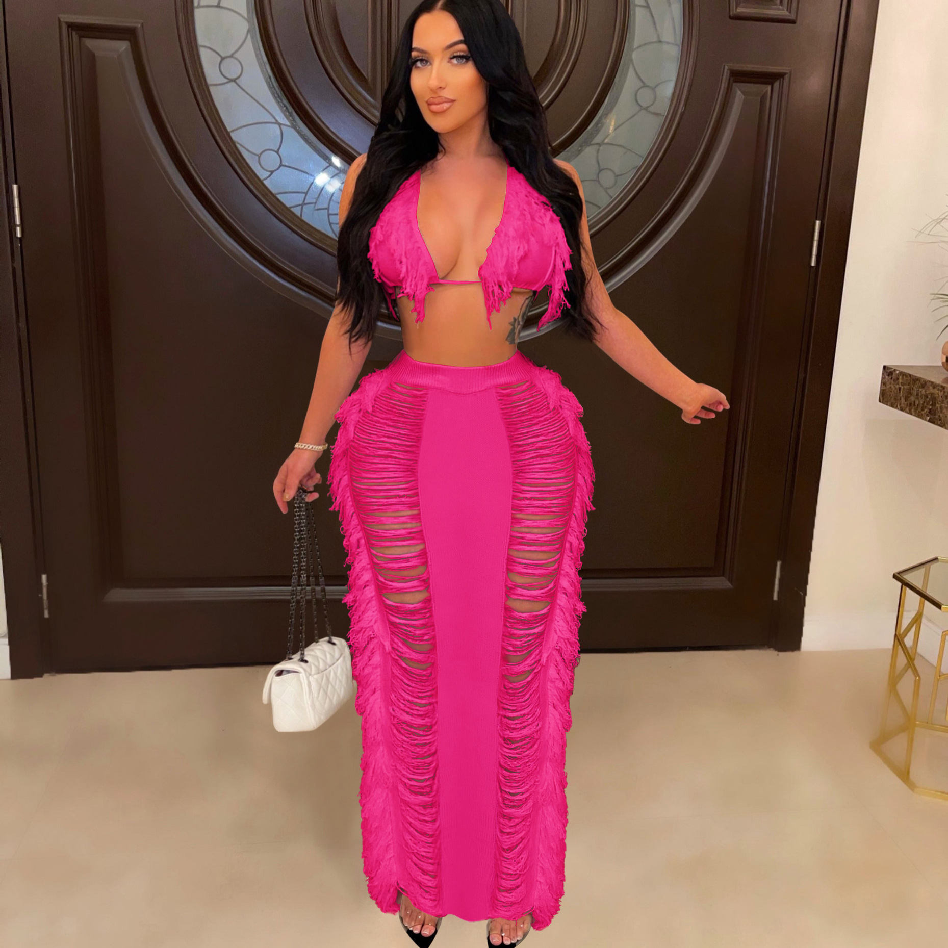 Women's Clothing Women's Sexy Tassel Knitted Beach Dress Set Hot Sale_voghion.com