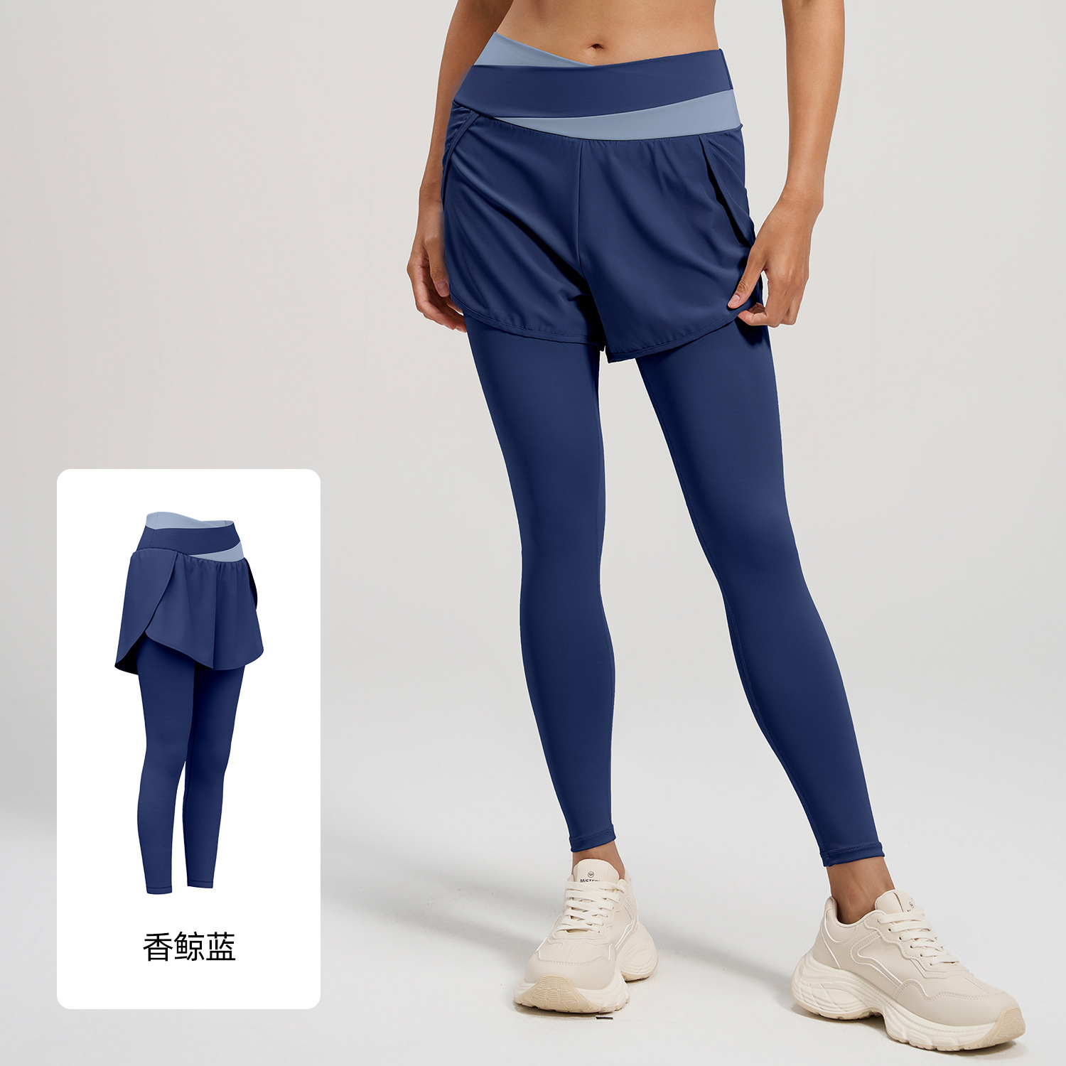Pantalones de yoga Juyitang transfronterizos con bloques de color, efecto dos piezas, antiexposición, de cintura alta, control de abdomen, sensación de segunda piel, para mujer