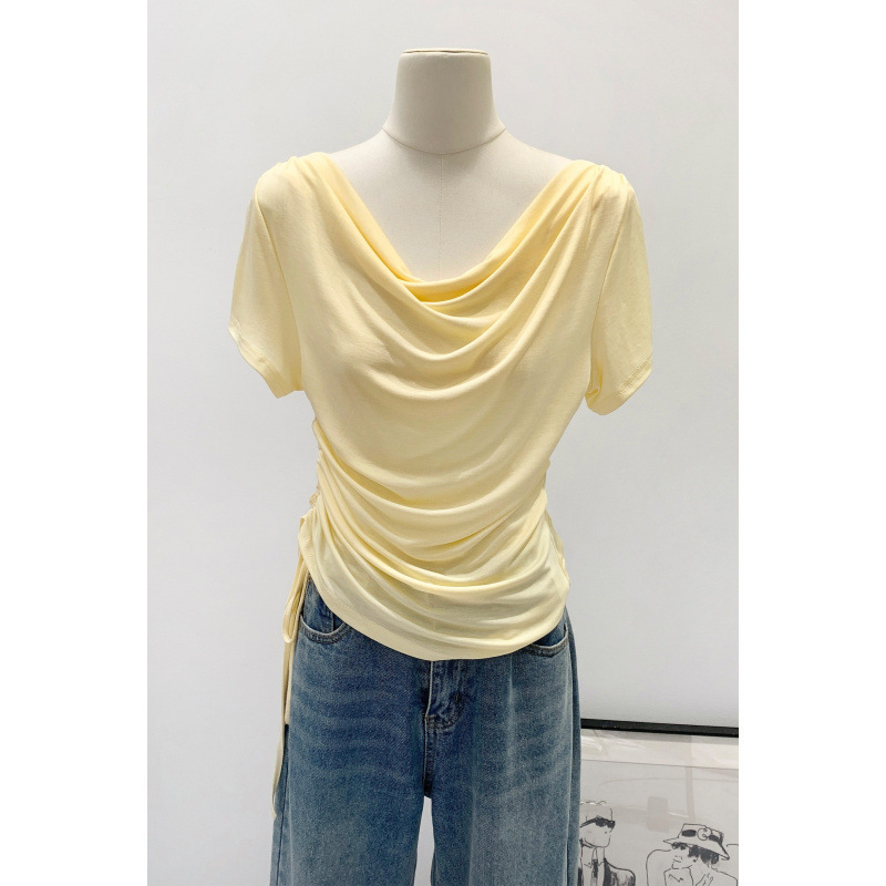 Original Real Shot of Lyocell Tencel Yellow Drawstring Short-Sleeve T-Shirt, Summer 2026 New Thin Style Pure Desire Top Original Real Shot of Lyocell Tencel Yellow Drawstring Short-Sleeve T-Shirt, Summer 2026 New Thin Style Pure Desire Top