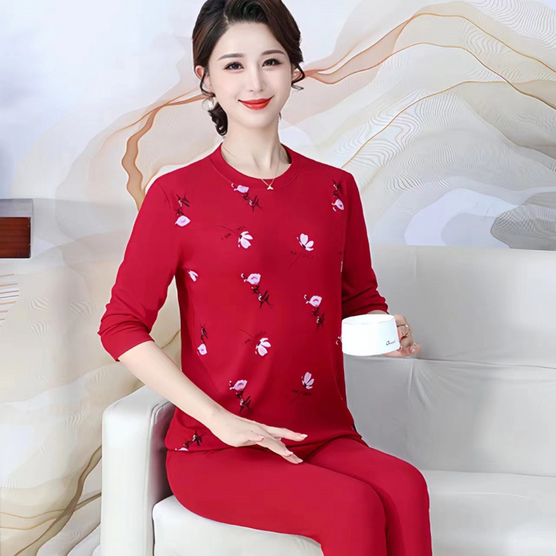 여성용 가을 겨울용 보온 속옷 슈트, 중장년 여성을 위한 독일산 벨벳 얇은 가을용 옷과 가을용 바지, 자체발열 라운드넥 셔츠 바텀