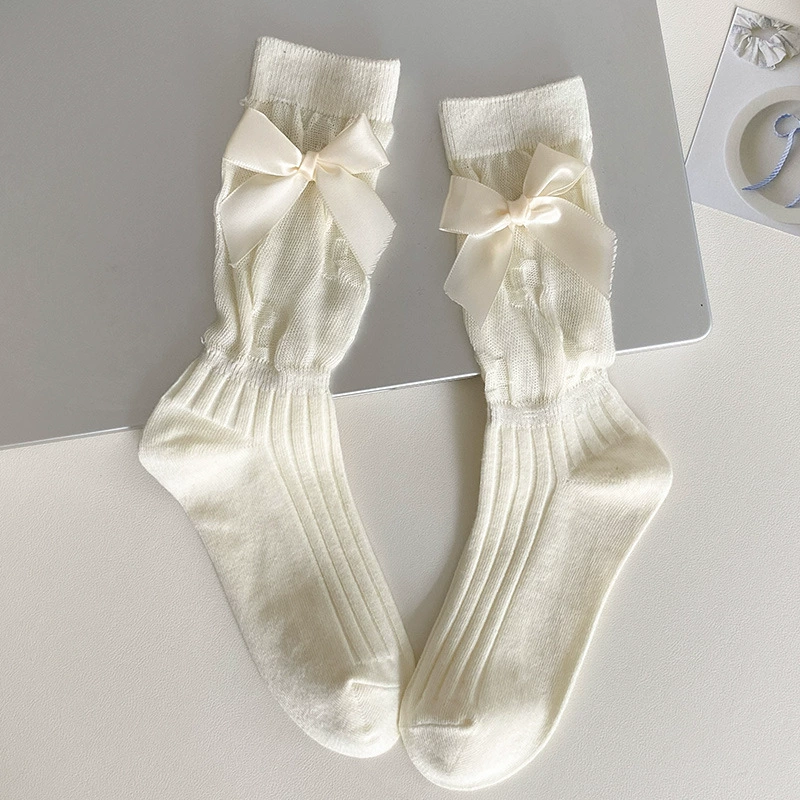 Lace tights with bow, summer thin white socks, mid-length