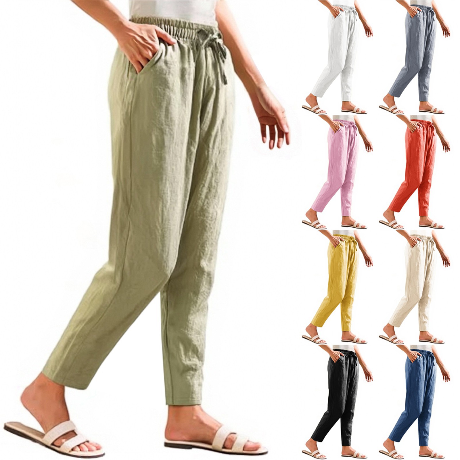 Cross-border Foreign Trade New Women's Summer Pants Casual Loose Drawstring Solid Color Cotton Linen Women's Cropped Pants