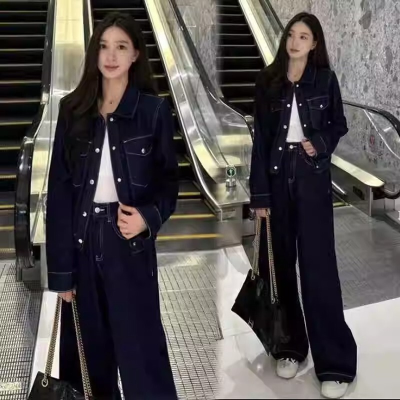 港风复古牛仔套装女2025春季新款时尚洋气短外套阔腿裤气质两件套|undefined