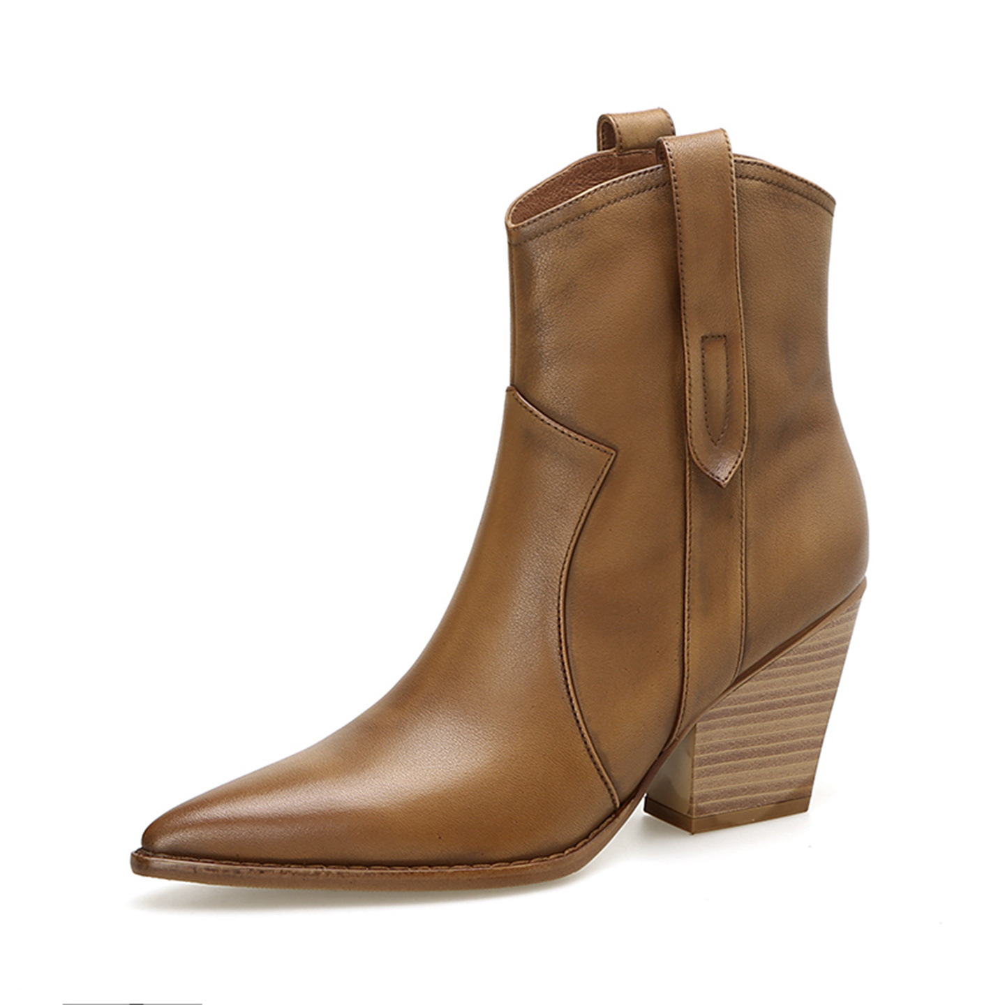 Boot Chelsea nữ cổ thun da bò gót 8 cm mũi nhọn màu kaki — Màu kaki