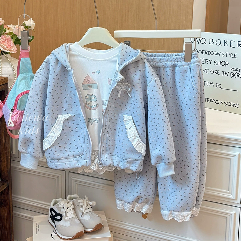 Девушки Весна и Осень Новый детский свитера Комплект детских цветов Спортивный набор с капюшоном