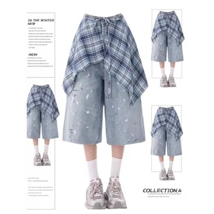 Cross-Border Direct Sales American Plaid Skirt Spliced ​​Splashed Denim Shorts Summer Loose Straight Wide-Leg Cropped Pants for Men