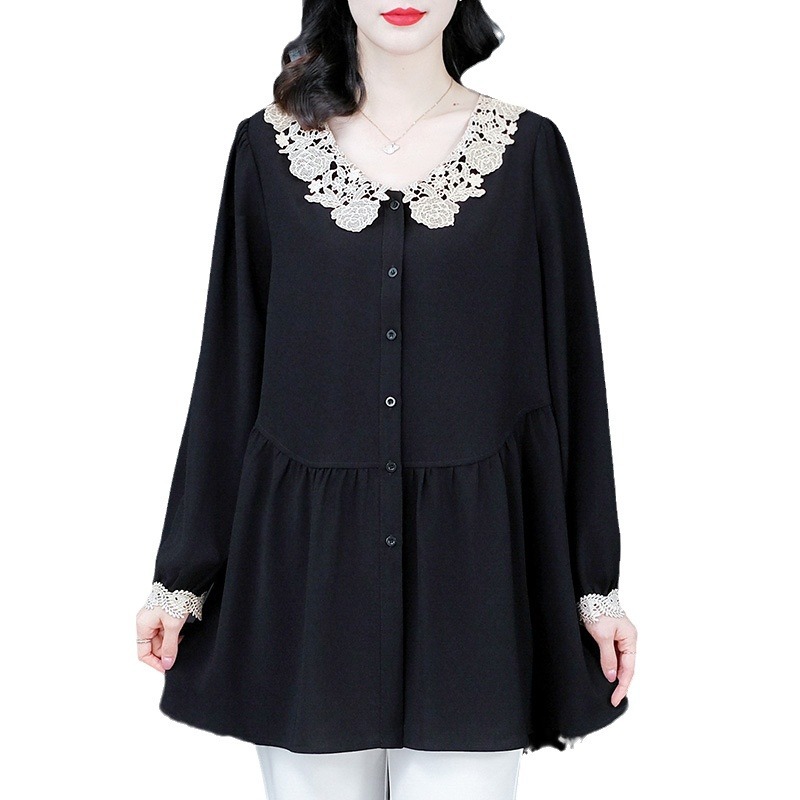 Spring New Korean style age-reducing slimming loose plus size lace edge long sleeve doll all-match shirt middle-aged and elderly women's clothing