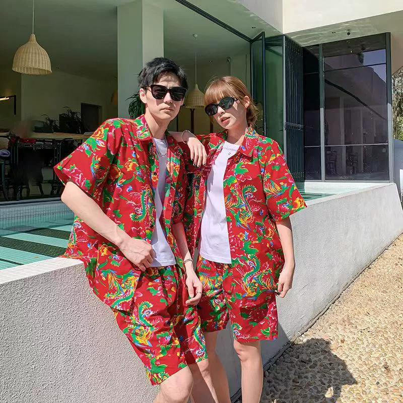 Мужские и женские шорты в одном стиле из хлопка и шелка с принтом и лацканами, рубашка, свободные шорты, модный костюм, модный комплект из двух предметов в стиле ретро