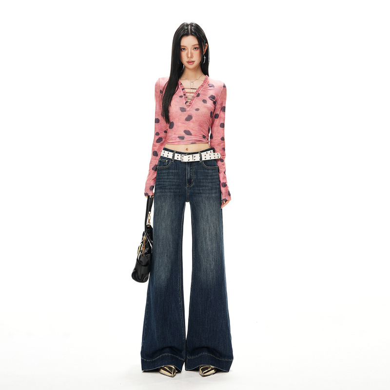 Orange Silk Women's Clothing # Retro Blue Wide-Leg Jeans for Women in Winter New Style Loose Slimming Straight-Leg Flared Pants Orange Silk Women's Clothing # Retro Blue Wide-Leg Jeans for Women in Winter New Style Loose Slimming Straight-Leg Flared Pants