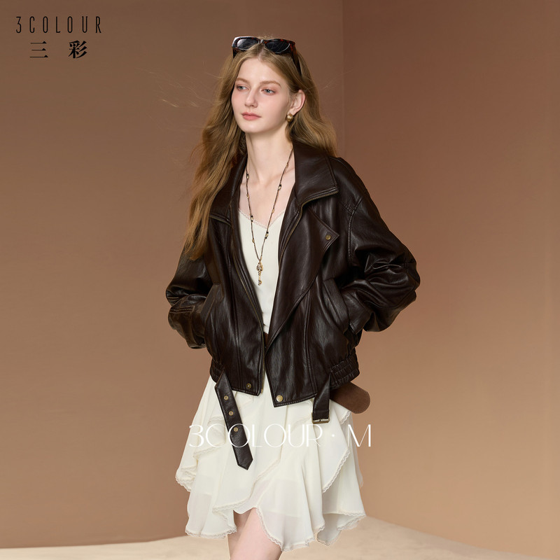 Sancai 2026 early autumn new collection: lapel-style PU leather jacket in a Maillard color palette, featuring a zipper and a motorcycle-style design, women's size M Sancai 2026 early autumn new collection: lapel-style PU leather jacket in a Maillard color palette, featuring a zipper and a motorcycle-style design, women's size M