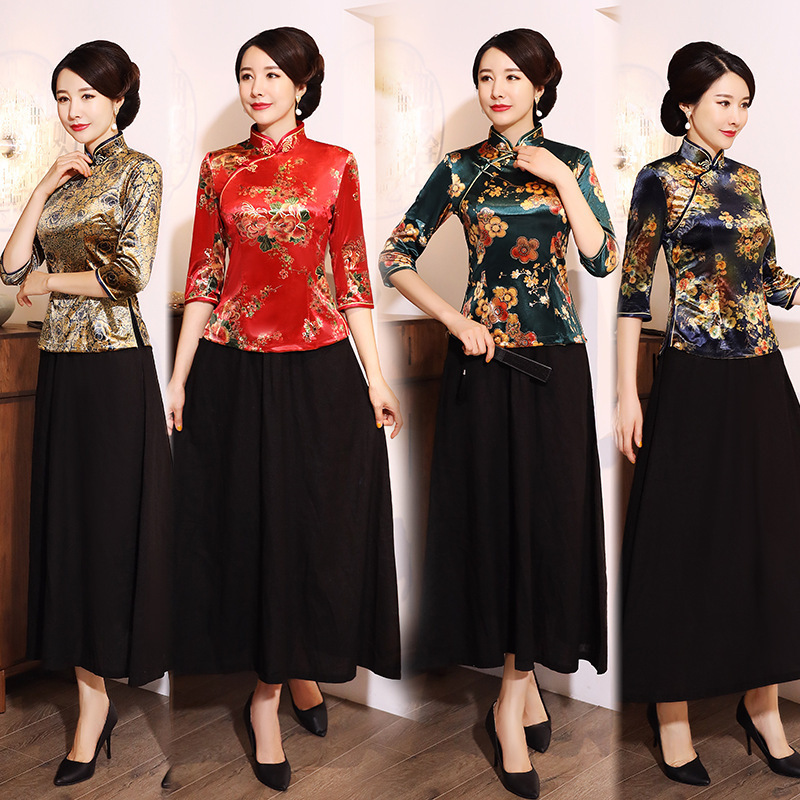 Spring, Autumn, and Winter Velvet Tops, Qipao, Everyday Performance Wear, Mom Fashion, Stylish Three-Quarter Sleeves, Plus Size, Slimming, Banquet Wear Spring, Autumn, and Winter Velvet Tops, Qipao, Everyday Performance Wear, Mom Fashion, Stylish Three-Quarter Sleeves, Plus Size, Slimming, Banquet Wear