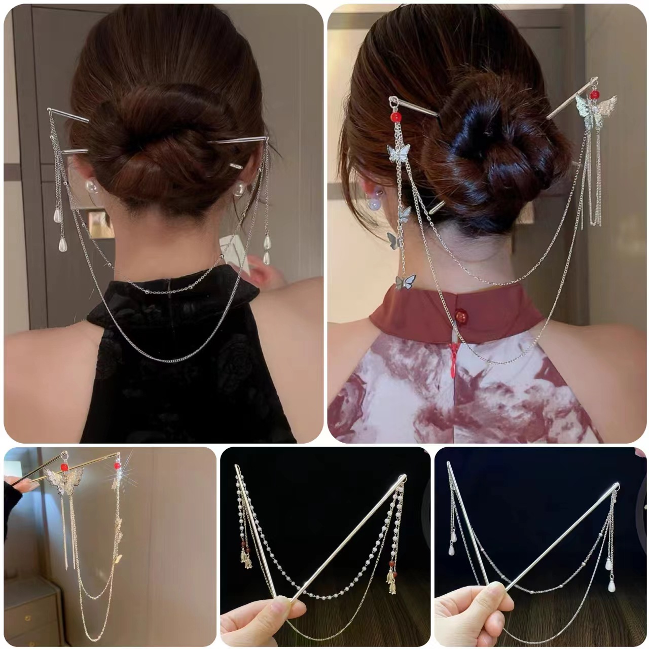 新中式蝴蝶雙股髮簪古風漢服旗袍交叉簪子後腦勺盤發流蘇髮釵髮飾