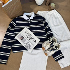 miu系25新款条纹长袖Polo衫珠地棉系扣上衣T恤87075