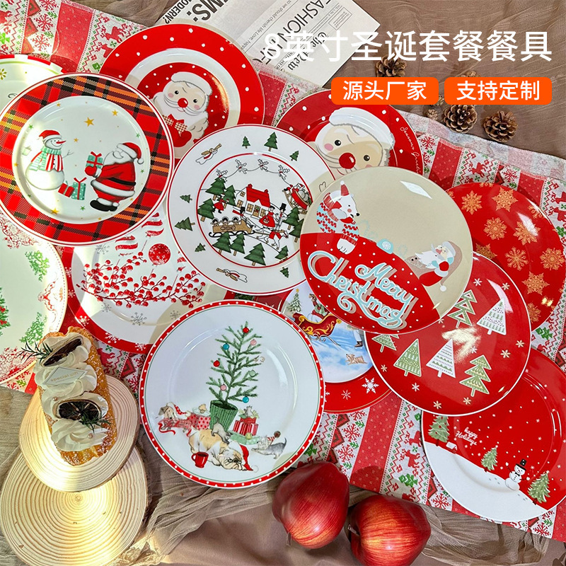 New 8 inch cross border atmosphere sense Christmas ceramic cartoon high temperature environmental protection bowl and plate tableware suit ins wholesale