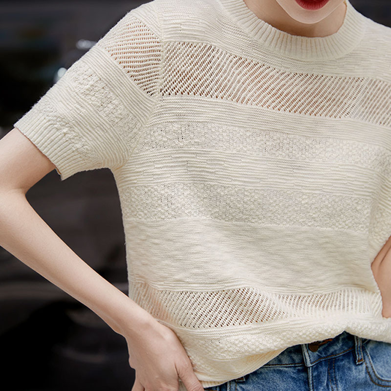 Heavy Industry Embossed Jacquard Short-sleeved Knitted T-shirt Top Women's Dry Cotton Hollow-out Elegant Pullover Vest Thin Short-sleeved Women
