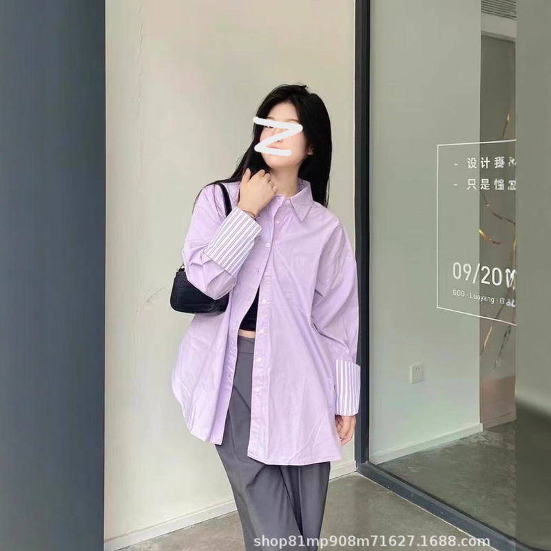 Popular French-Style High-End Purple Striped Shirt with Patchwork Cuffs for Women, Autumn Elegant and Simple Loose Long-Sleeve Top