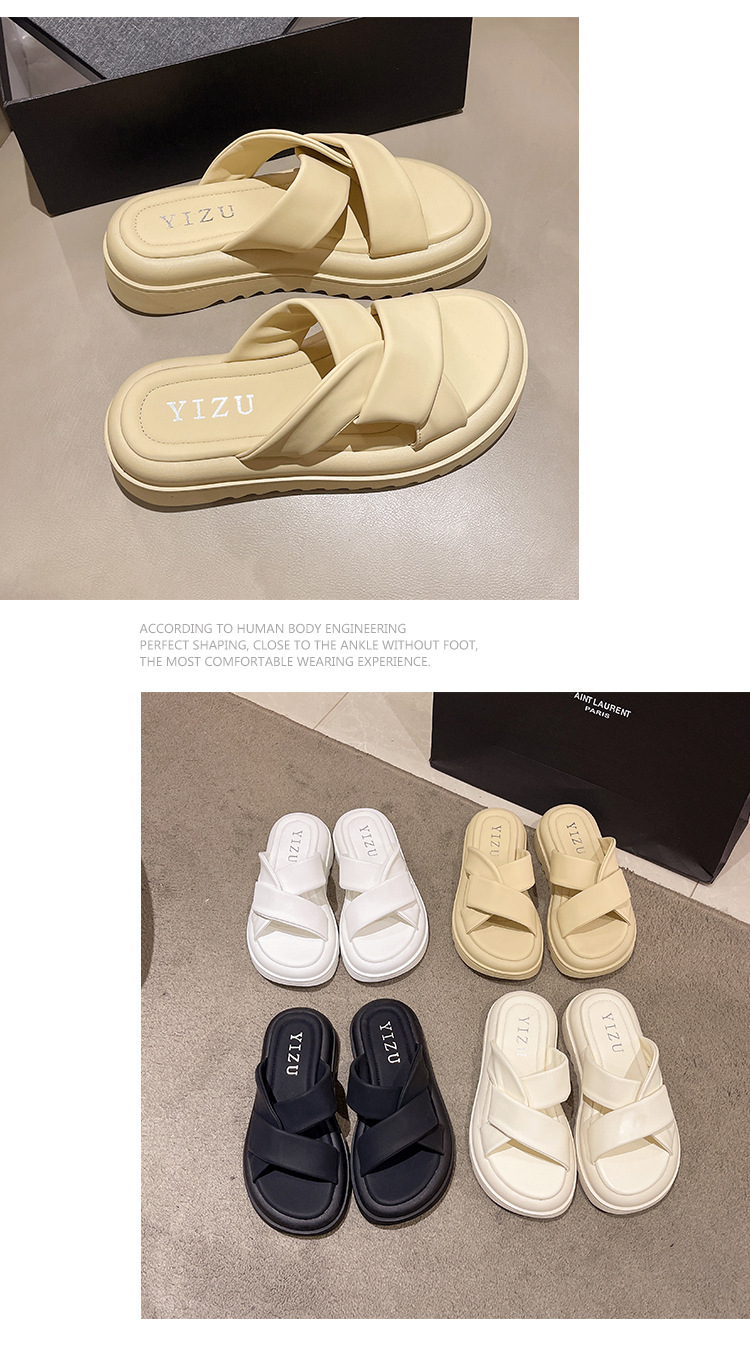 Koreansk version nye tøfler med kryds og tyk sål kvinder, enkle ensfarvede strandtøfler, en fods hjemme- og udendørstøj,_voghion.com