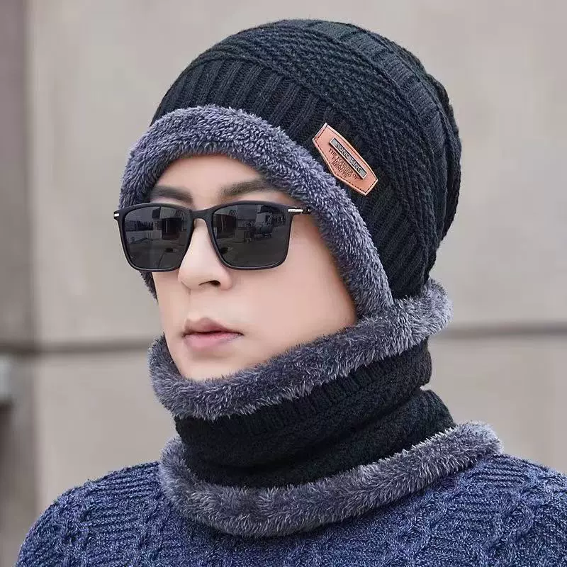 冬季帽子男保暖护耳加绒针织帽加厚围脖两件套跨境秋冬毛线帽批发