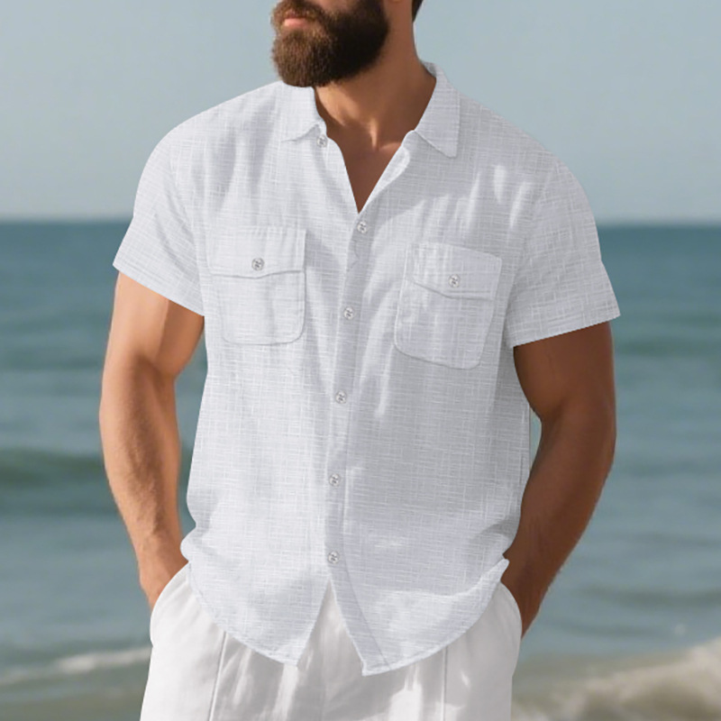 Chemise d'été à manches courtes pour homme, couleur unie, double poche, décontractée, pour les vacances_voghion.com
