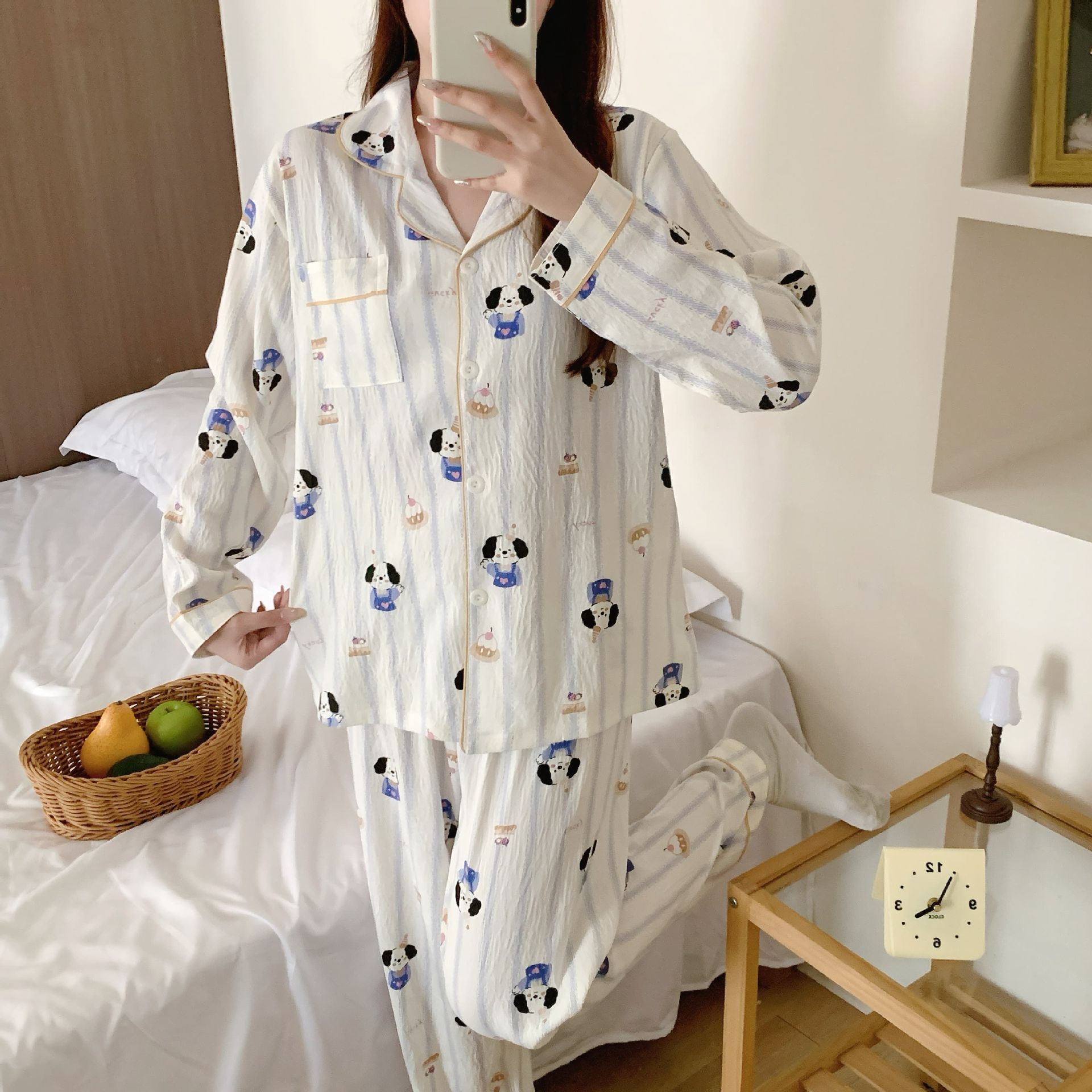 Al por mayor transfronterizo nuevo pijama de mujer pantalones de manga larga nubes de algodón lindos dibujos animados estudiantes cardigan con solapa cubierta de ropa para el hogar