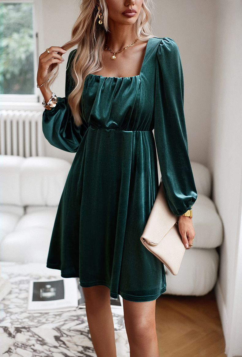 Polyester Fabric Type High Waist Waist Line Party Occasion Women's Regular Dress Elegant Square Neck Long Sleeve Solid Color Midi Dress Party