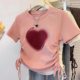 White Heart Short-sleeved T-shirt for Women 2023 Summer New Slim Waist Drawstring T-shirt Right Shoulder Short Top