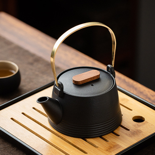 Japanese black pottery tea set with beam, one pot, four cups, tea tray, office home tea set gift box with custom logo