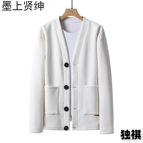 Chic Brand Waffle Collar Men's Spring and Autumn Single Button V-Neck Sweatshirt Casual Jacket Korean Style