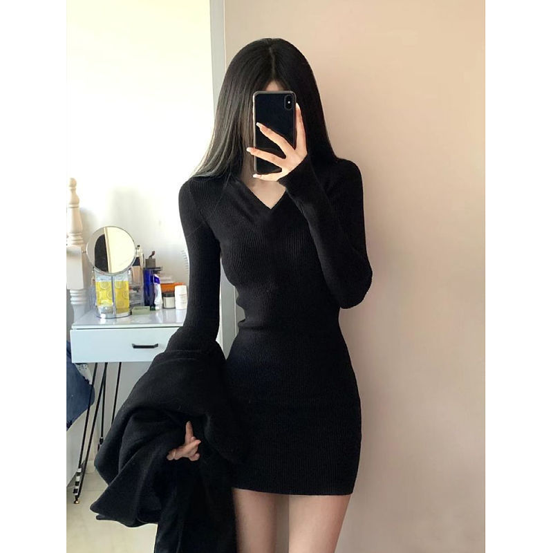 黑色御姐修身显瘦打底针织连衣裙女秋冬后妈包臀裙子内搭2025新款|undefined