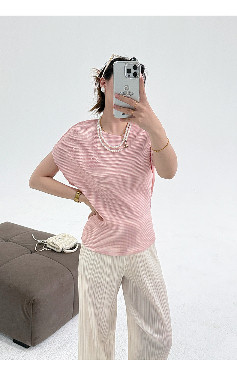 Áo thun nữ ngắn tay cổ tròn xếp ly co giãn cao — Tím hoa oải hương chi tiết 1