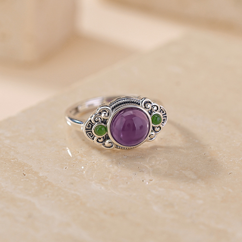 Vòng tay đá thạch anh tím tự nhiên kết hợp ngọc Hetian Jasper bạc S925 — một mảnh