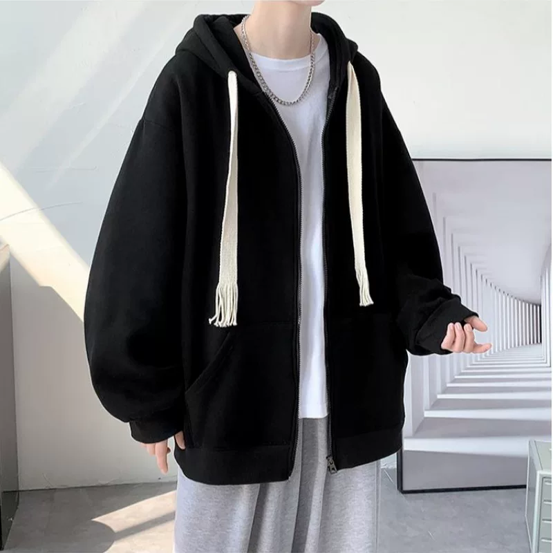 Мужской свитшот-худи,Oversized демисезонная куртка на молнии, цветная повседневная толстовка, двухцветный шнурок