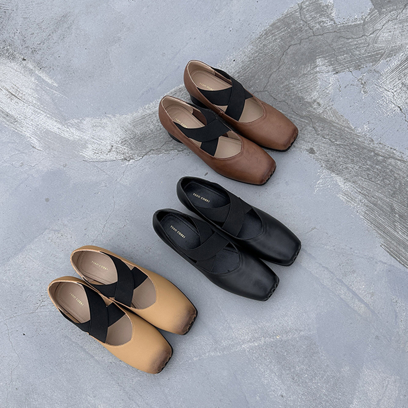 Dong Jie Same Style Vintage Genuine Leather Pig Nose Ballet Shoes Cross Strap Thick Heeled Mary Jane plus size Single-layer Shoes for Women